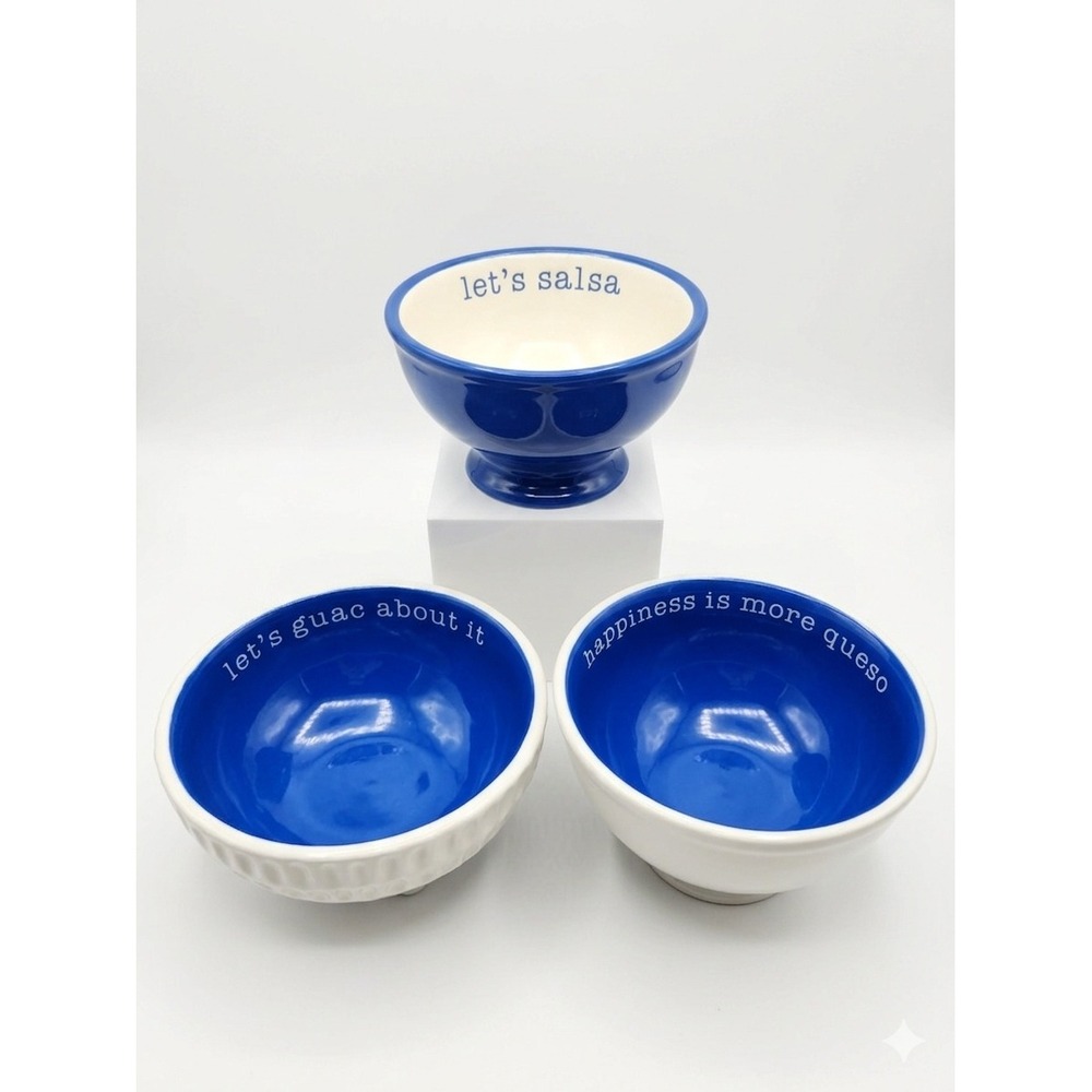 Mud Pie Ceramic Taco Night Dip Bowls Set of3 Salsa Guac Queso Blue White Retired